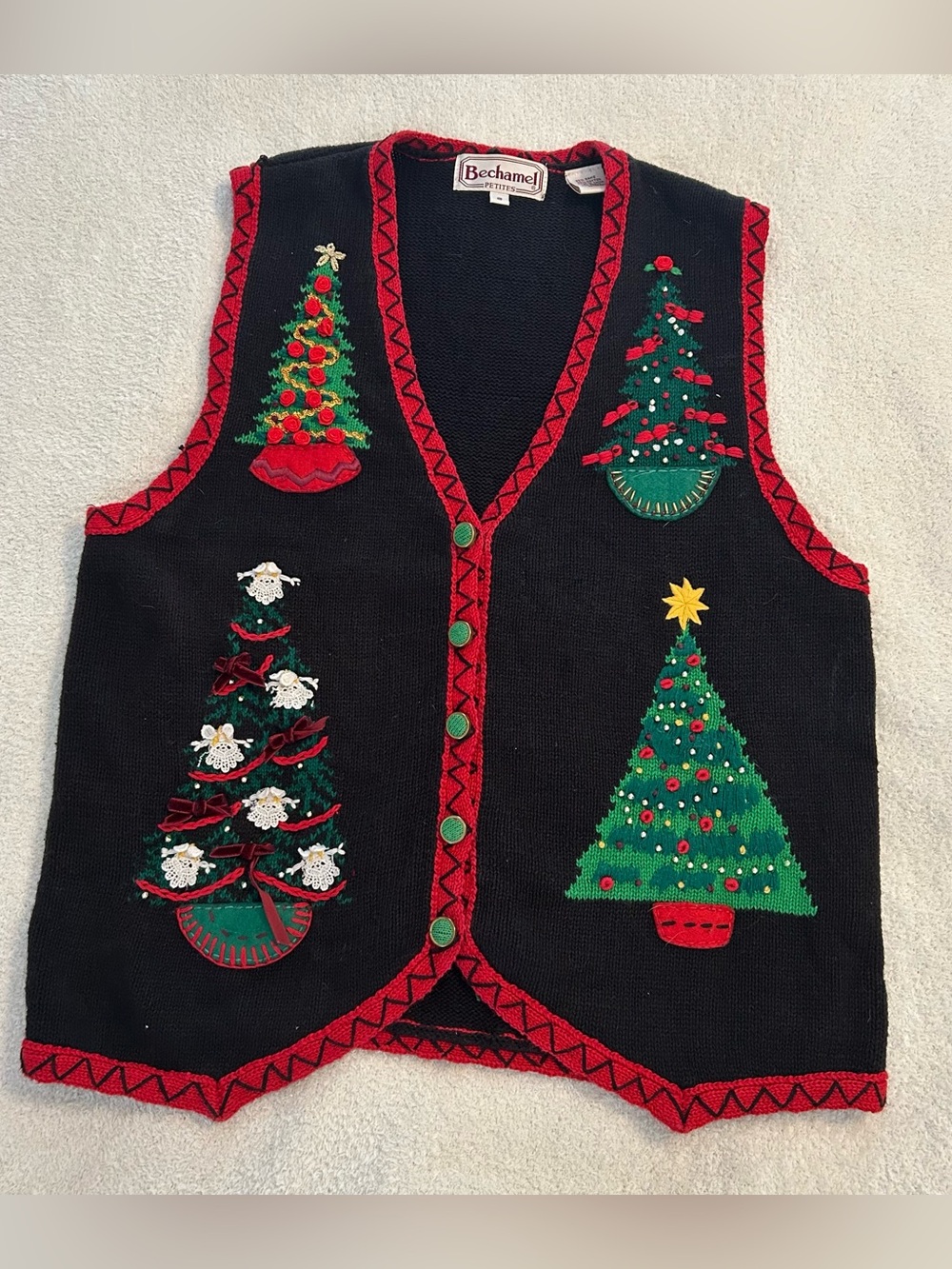 Bechamel black with red trim Christmas tree sweater vest size small petites